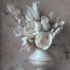 Monochromatic painting of roses in a grey classical vase