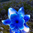 Glowing blue flower in mountain landscape with purple flora