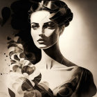 Monochromatic digital portrait of a contemplative woman with flowing hair