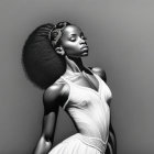 Monochrome portrait of poised woman with striking afro hair and elegant accessories