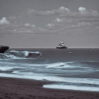 Seascape: Ship near rocky coast with breaking waves