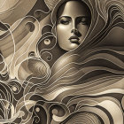 Sepia-toned abstract patterns frame woman's face.