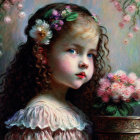 Portrait of young girl with curly hair and flowers, pink bouquet in background