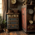 Vintage Room Corner with Distressed Wooden Chest, Red Cabinet, Clocks, Vase, and Cat