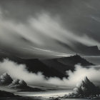 Monochromatic landscape of mountains in low clouds with ethereal light rays