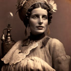 Sepia-Toned Vintage Portrait of Woman in Ornate Attire