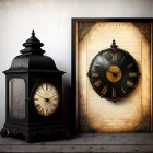 Vintage Lantern-Style Clock and Old Clock Face on Parchment Backdrop Against Rustic Wall