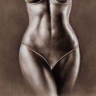 Grayscale drawing of woman's torso in bikini bottom with belly button jewel