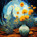 Vibrant yellow flowers in front of Van Gogh's "Starry Night" background