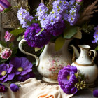 Rustic still life with purple flowers in vintage jug on aged wooden backdrop