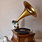 Vintage gramophone with brass horn, record, and ceramic jug on patterned wallpaper