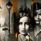 Split Scene Art: Old-timey Streetlamps, Futuristic Cityscape, Women's Portraits