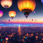 Vibrant hot air balloons over glittering city at dusk
