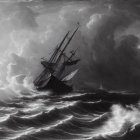 Monochrome painting of ship in turbulent seas and stormy sky