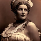 Sepia-Toned Vintage Portrait of Woman with Elaborate Headdress and Lace Collar