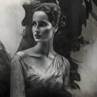 Serene woman portrait in monochromatic tones with shadowy foliage and signature.