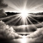 Monochromatic landscape with sunburst, clouds, water, and tree