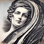 Detailed Portrait of Woman with Classical Curls and Draped Headdress