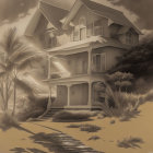 Sepia-Toned Multi-Story Beach House Artwork