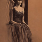 Vintage portrait of woman with elaborate updo, ribbon, ornate dress, lace details, tulle