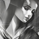 Monochromatic woman portrait with geometric overlay blending realism and abstract design