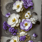 Grayscale image with white and purple flowers, golden accents, textured background