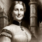 Vintage sepia portrait of a smiling woman in lace collar against grand buildings