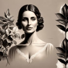 Monochromatic portrait of a woman with classic features and detailed leaves