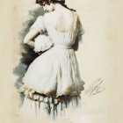 Vintage Illustration of Woman in White Dress with Ruffles on Aged Parchment