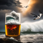 Whiskey glass with wave crest in stormy sea scene