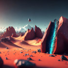 Surreal landscape with red rocky peaks, split mountain, blue light, sand dunes, floating