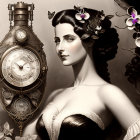 Vintage-styled woman with ornate jewelry and flowers beside an antique clock