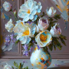 Assorted flowers bouquet in decorated vase with scattered petals