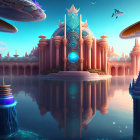 Futuristic cityscape with flying vehicles and grand buildings