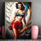 Stylized vintage pin-up woman with angel wings and smoking pistol in framed painting