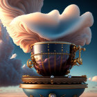 Surreal golden cup with creamy cloud against dramatic sky