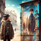 Person in coat and hat views street ad with character in blue scarf in busy city scene.