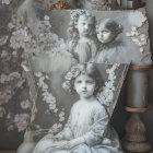 Sepia-toned vintage portraits of children with floral backdrop and antique decor