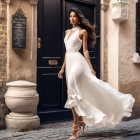 Elegant woman in flowing white dress on cobblestone street with historic architecture