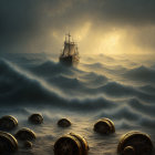 Sailing ship navigating stormy seas at sunset with treasure chests and dramatic sky