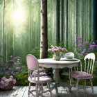 Tranquil forest scene with vintage table, chairs, birch trees, and purple flowers