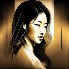 Stylized portrait of a woman with long dark hair in golden hues