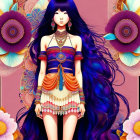 Anime-style illustration: Girl with long blue hair in colorful attire, surrounded by stylized flowers on pink