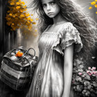 Grayscale image of girl with yellow leaves, checkered bag, and pink flowers