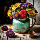 Assorted Flowers Bouquet in Vintage Teal Teapot on Rustic Wood Background