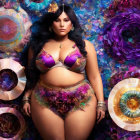 Woman in Purple Floral Bikini Surrounded by Colorful Flowers