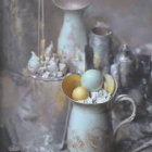 Rustic still life painting with pitcher, eggs, vases, candles