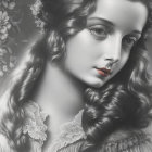 Monochromatic image of woman with wavy hair, light eyes, and red lips with floral accents