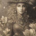 Sepia-Toned Vintage Woman Illustration with Ornate Hat and Floral Details