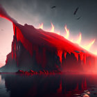 Colossal Cliff with Red Fiery Streams and Birds in Crimson Sky